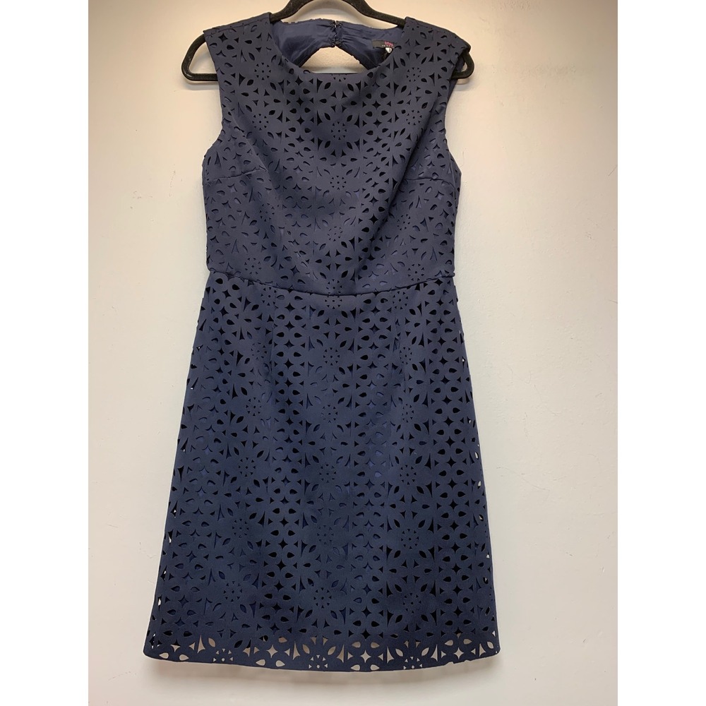 Trina Turk‎ Laser Cut Floral Dress Womens 8 Navy Blue Excellent Keyhole TT191045